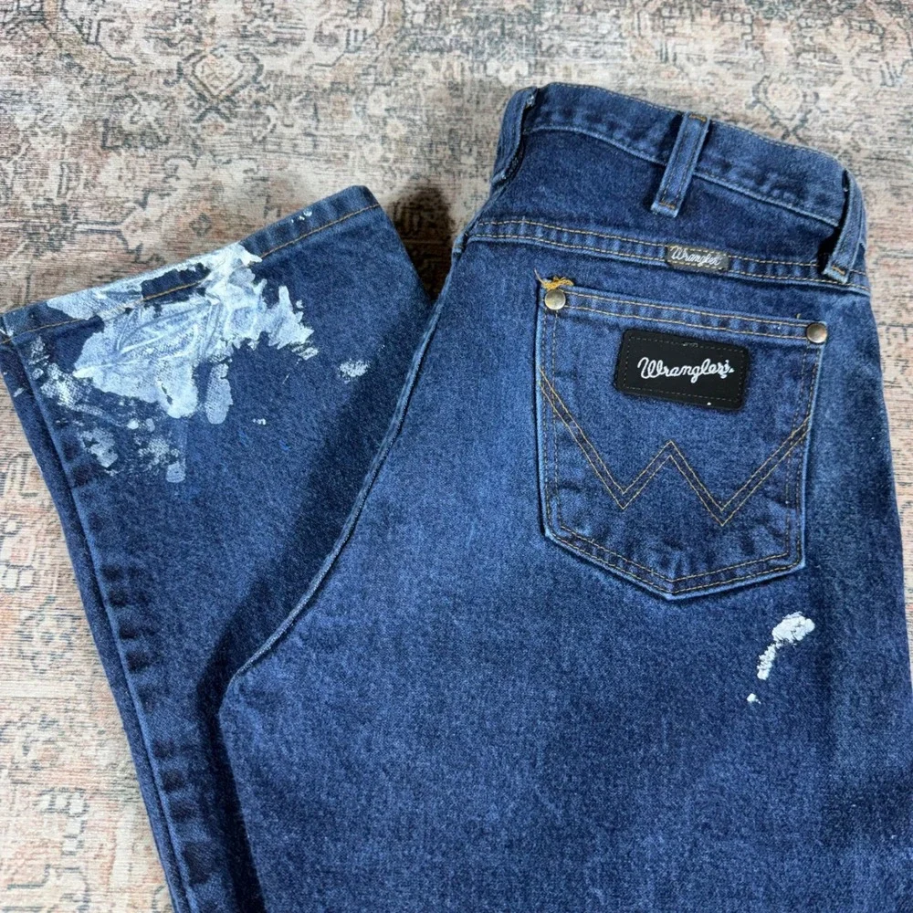 Wrangler 13MSEDD Cowboy Cut Blue Paint Splatter Distressed Jeans 32x32 Mens